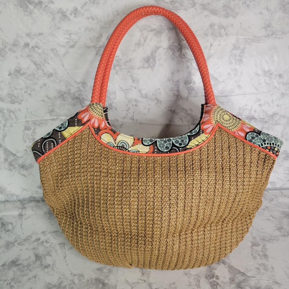 Vera Bradley Straw Tote Bag Tan Woven Floral Trim Orange Braided Handles Boho